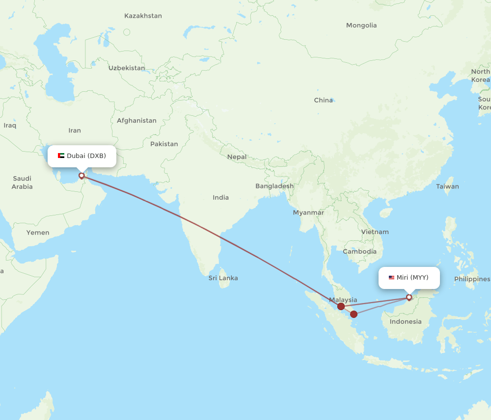 DXB to MYY flights and routes map