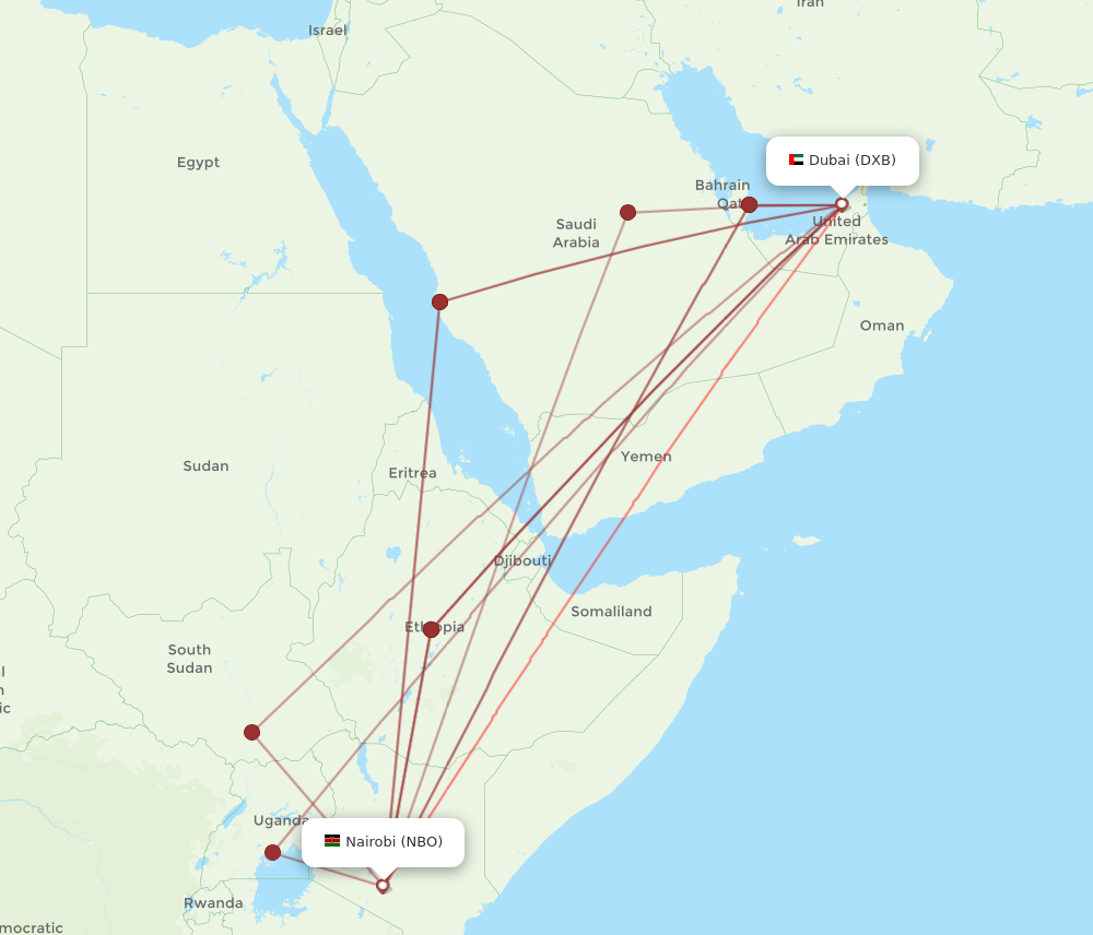 DXB to NBO flights and routes map
