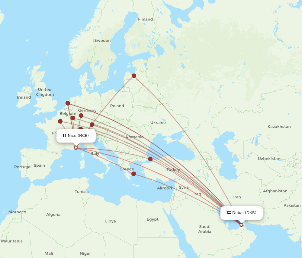 DXB to NCE flights and routes map