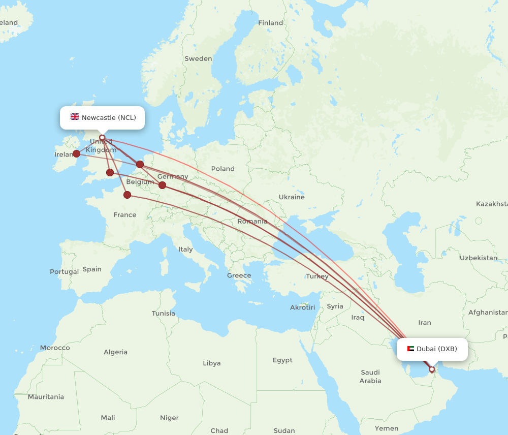 DXB to NCL flights and routes map