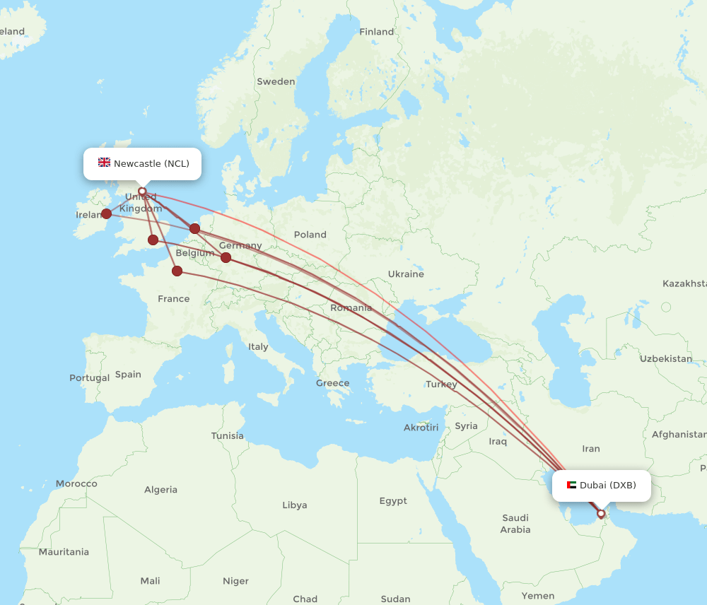 DXB-NCL flight routes