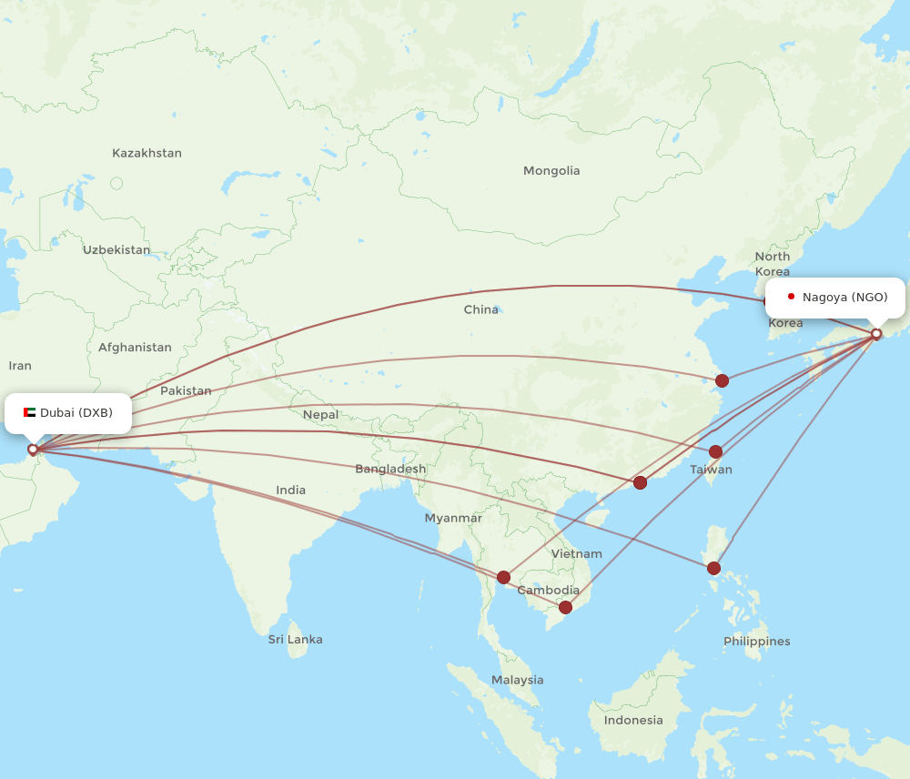 DXB to NGO flights and routes map