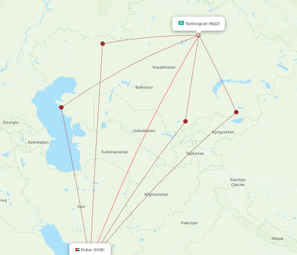 DXB to NQZ flights and routes map