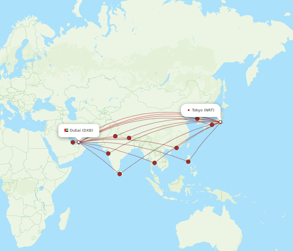 DXB to NRT flights and routes map