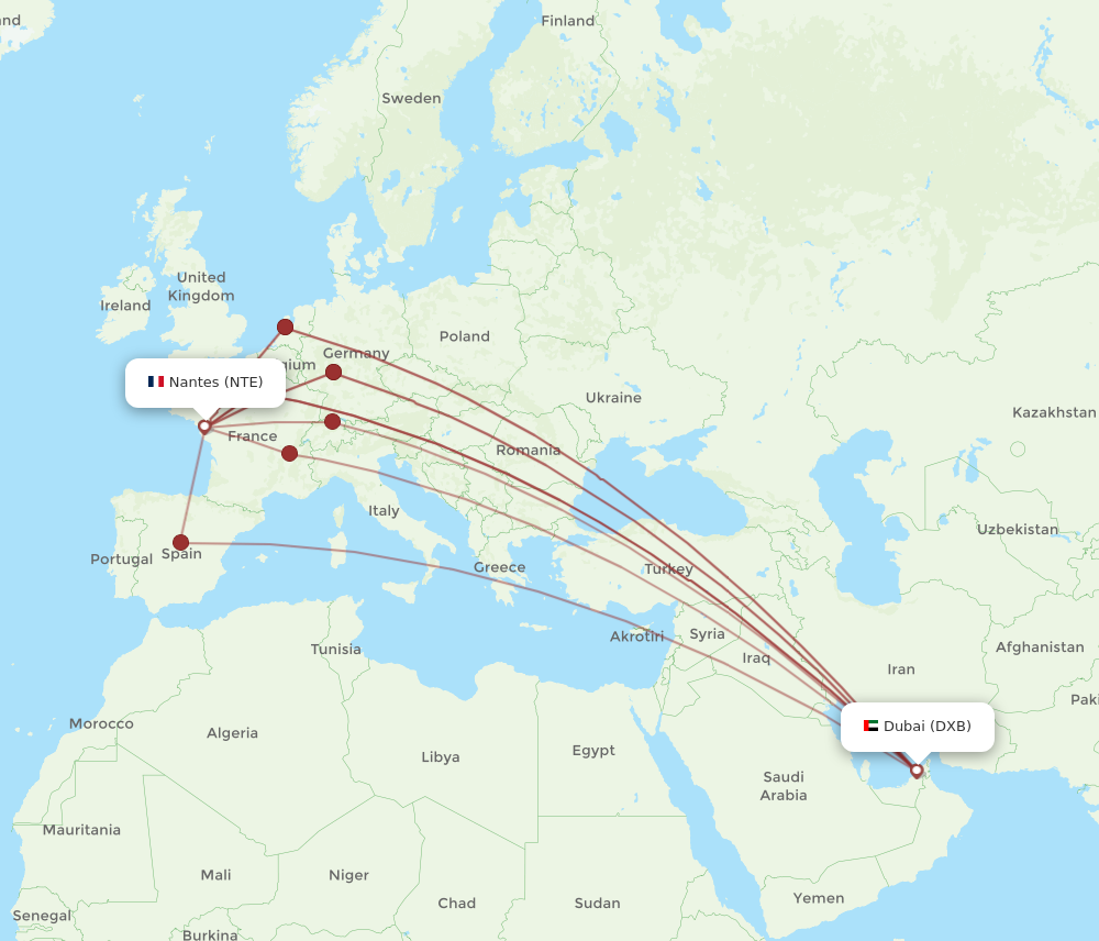 DXB to NTE flights and routes map