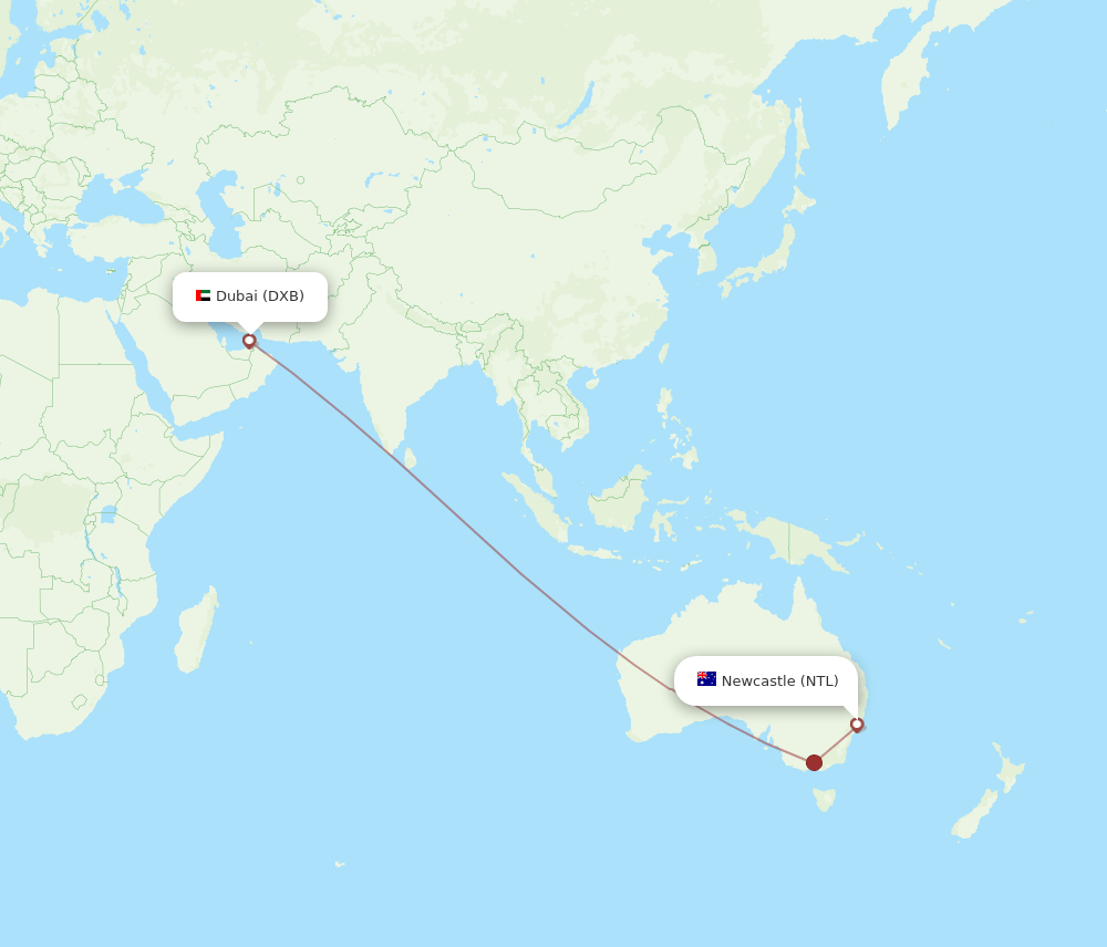 DXB to NTL flights and routes map