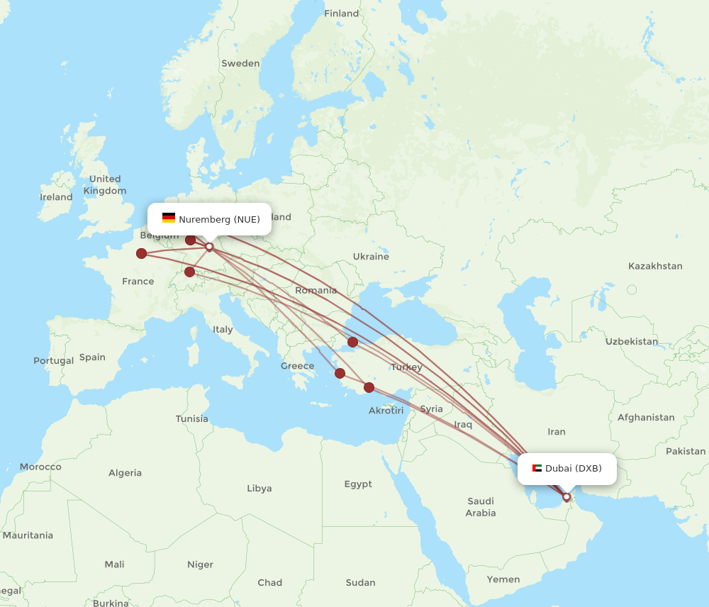 DXB to NUE flights and routes map