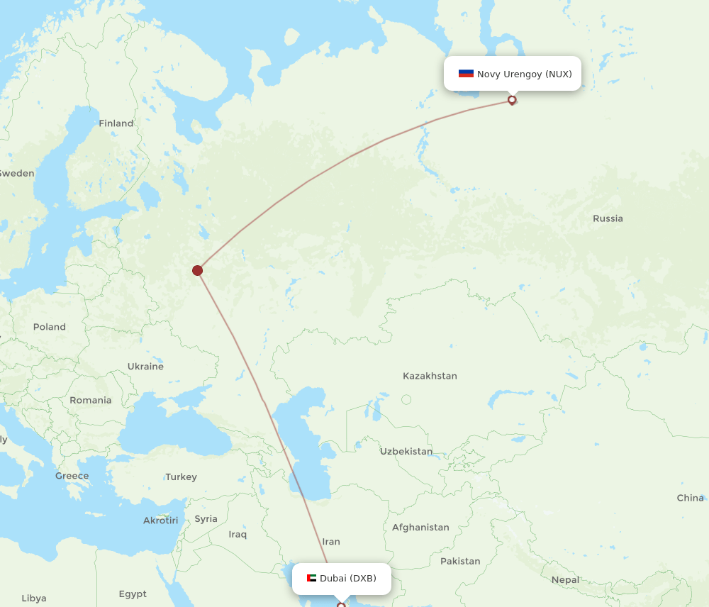 DXB to NUX flights and routes map