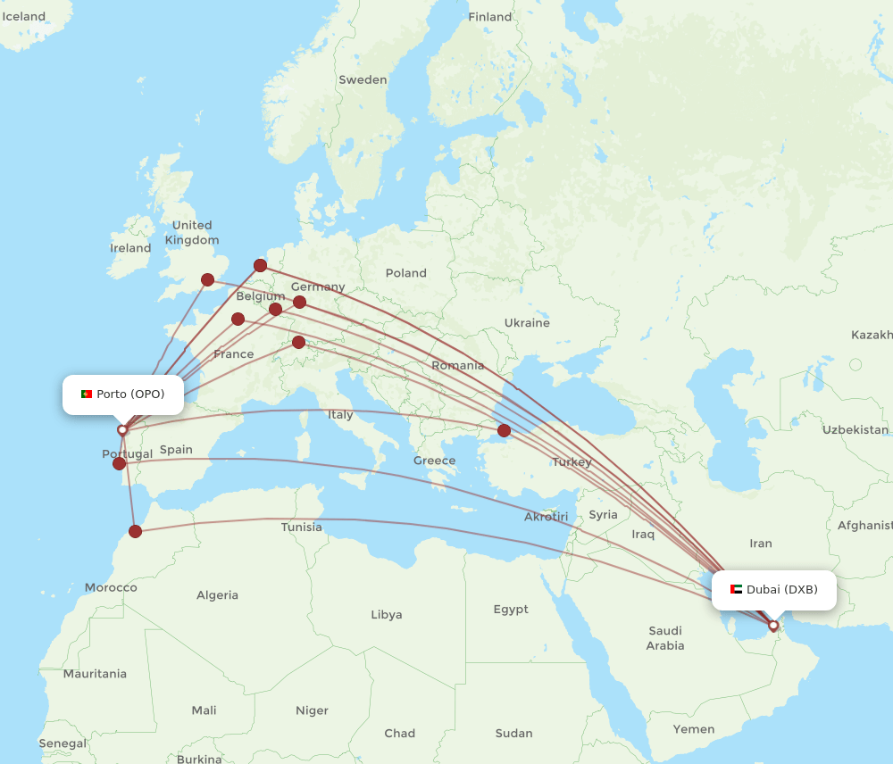 DXB to OPO flights and routes map