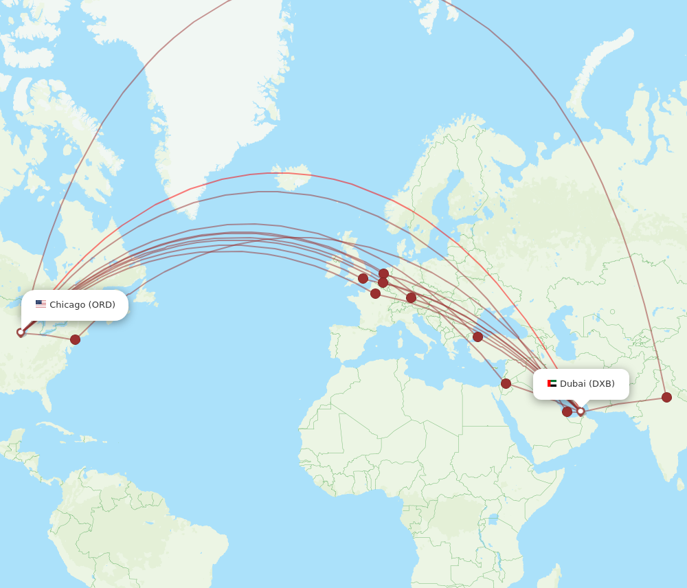 DXB to ORD flights and routes map