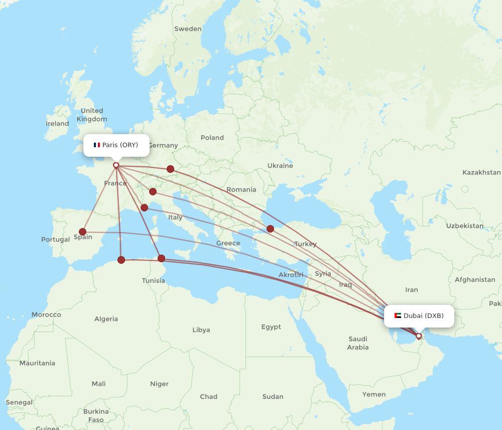 DXB to ORY flights and routes map