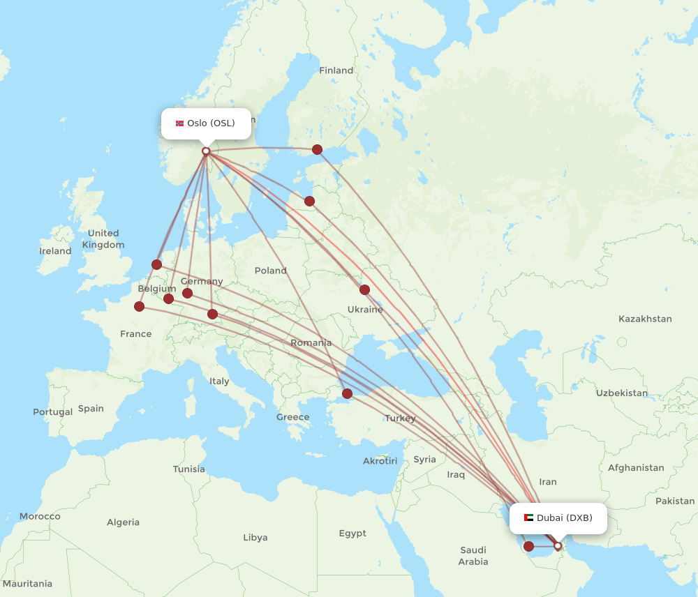 DXB to OSL flights and routes map
