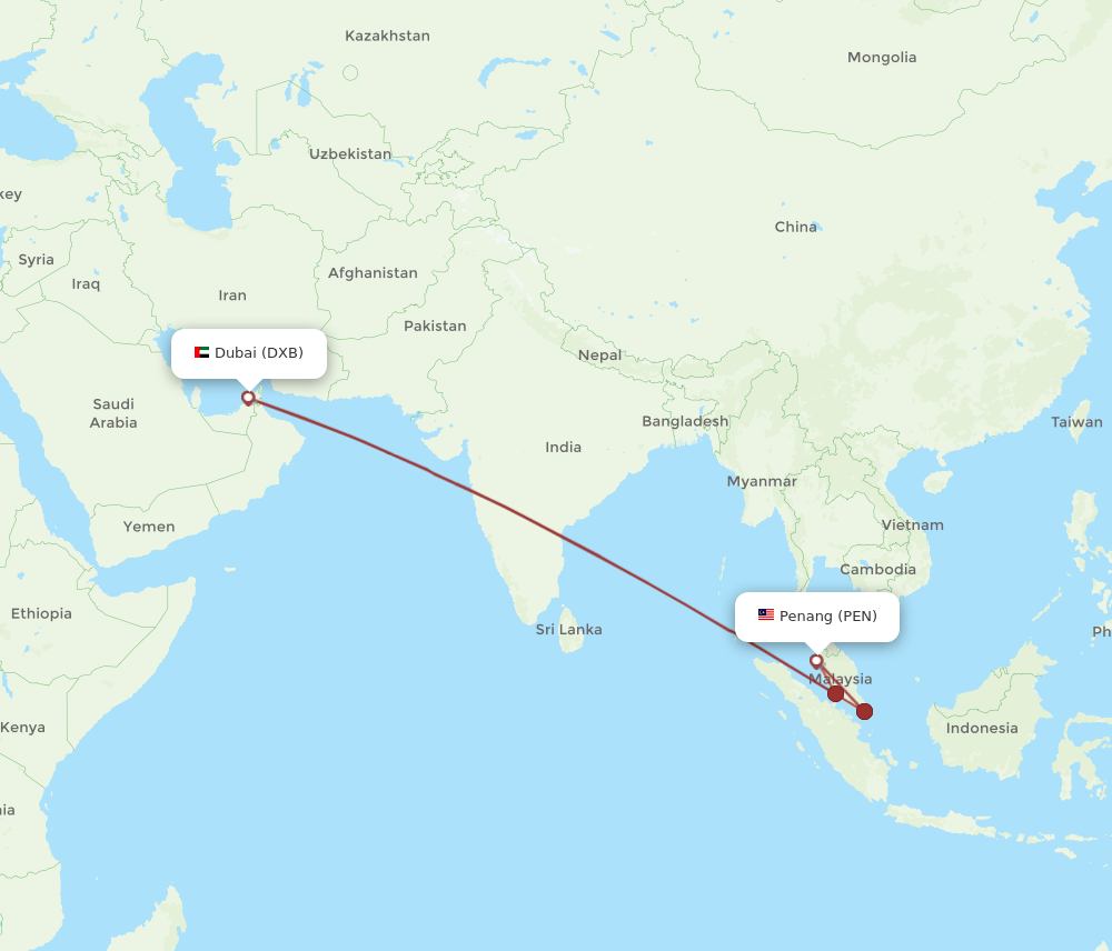 DXB to PEN flights and routes map