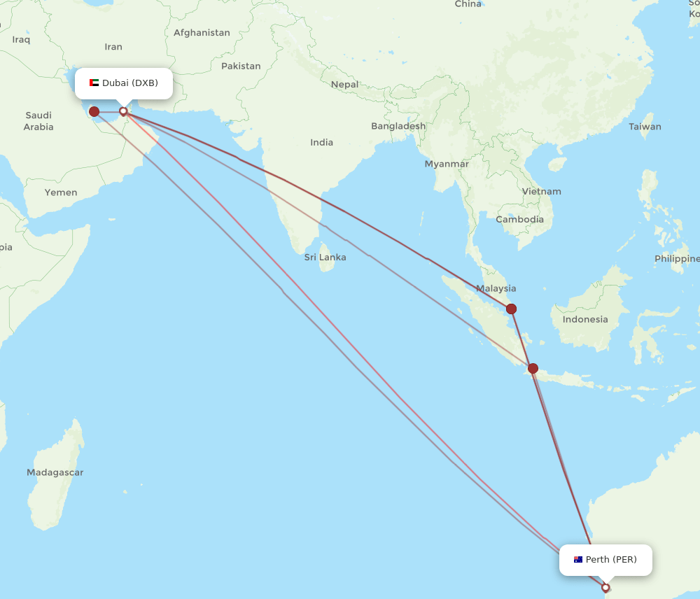 DXB to PER flights and routes map