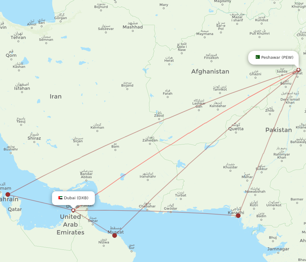 DXB to PEW flights and routes map