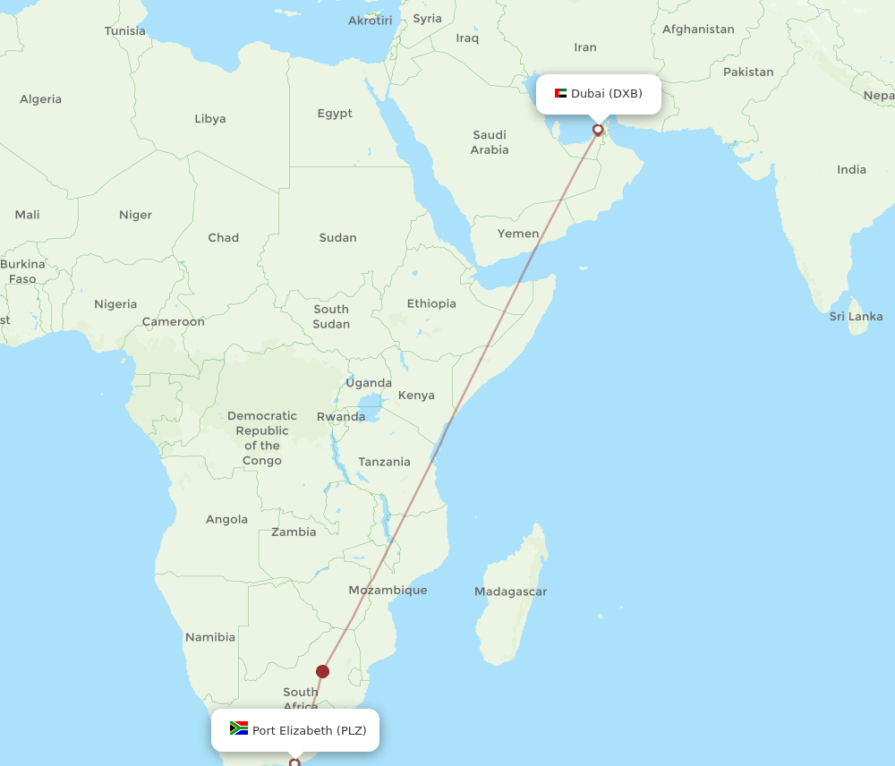 DXB to PLZ flights and routes map