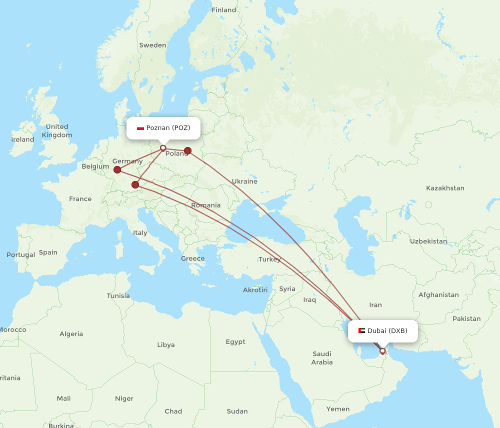 DXB to POZ flights and routes map