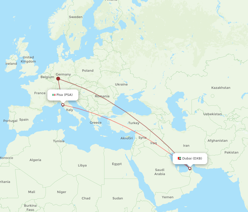 DXB to PSA flights and routes map