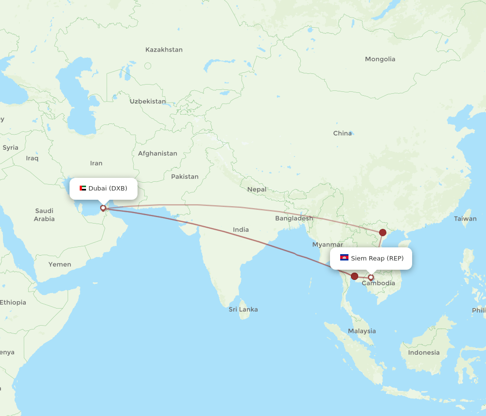 Dubai - Siem Reap route map and flight paths