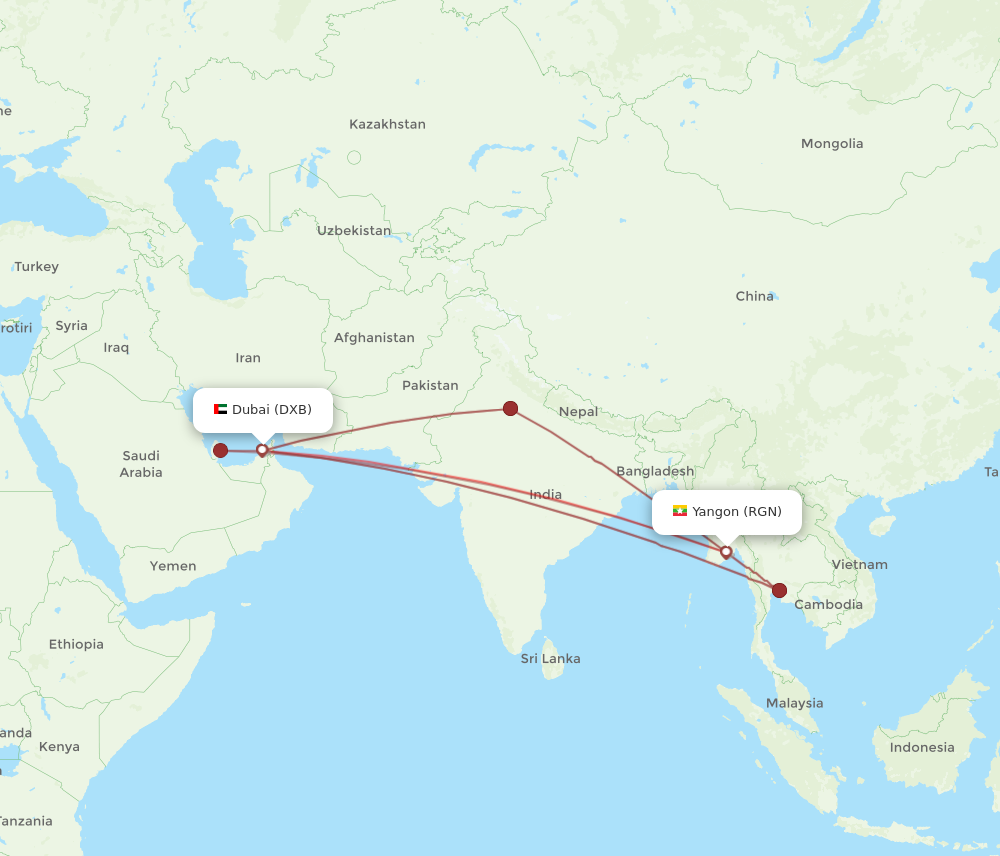 DXB to RGN flights and routes map
