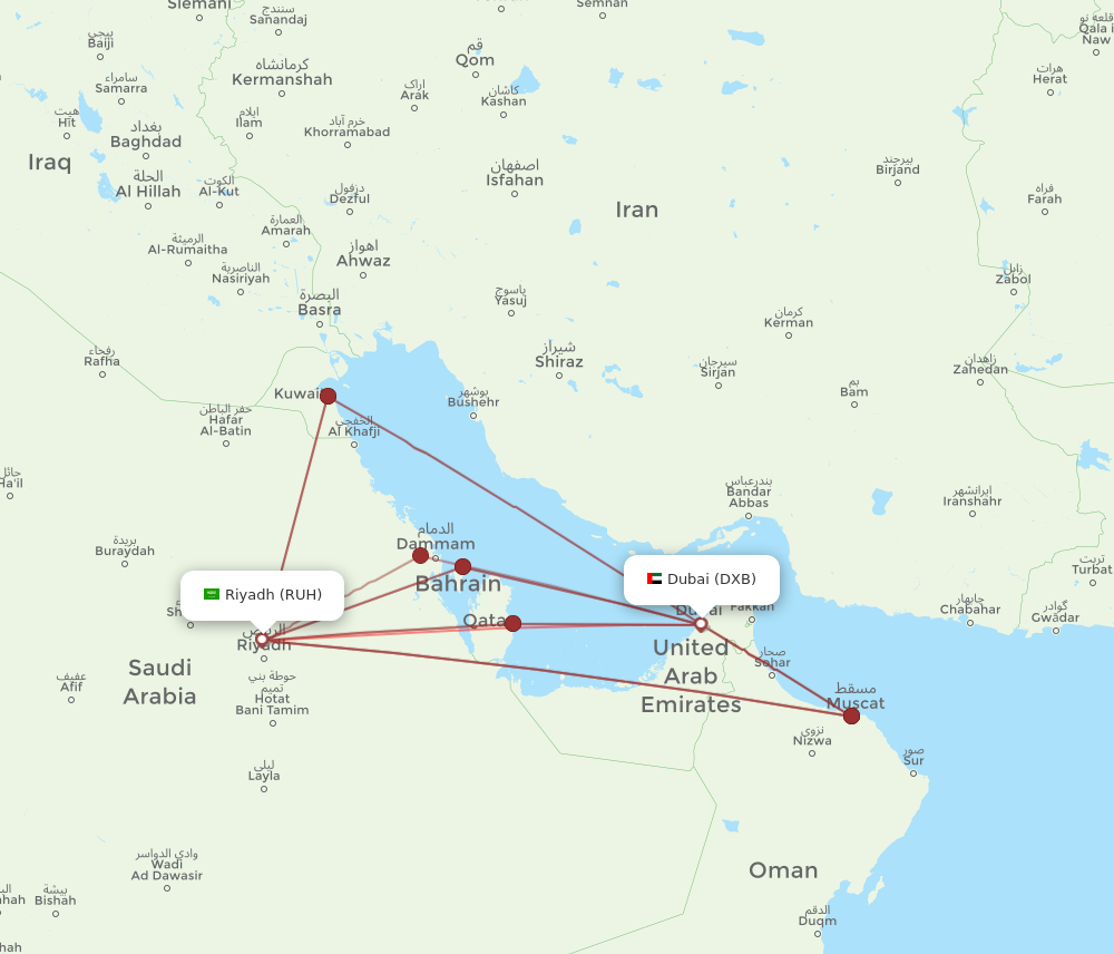 DXB to RUH flights and routes map