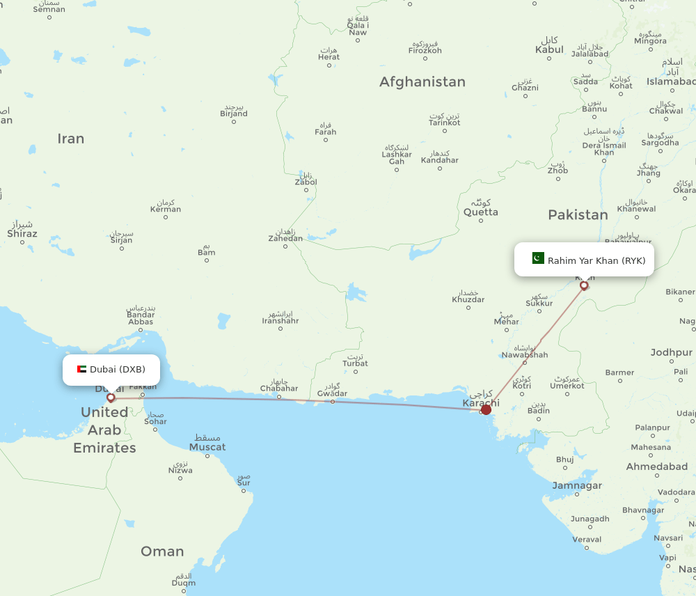 Dubai - Rahim Yar Khan route map and flight paths