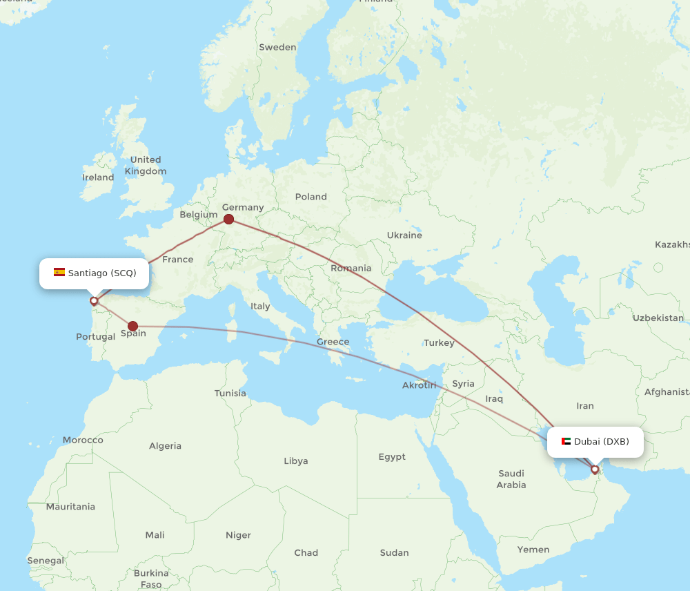 DXB to SCQ flights and routes map