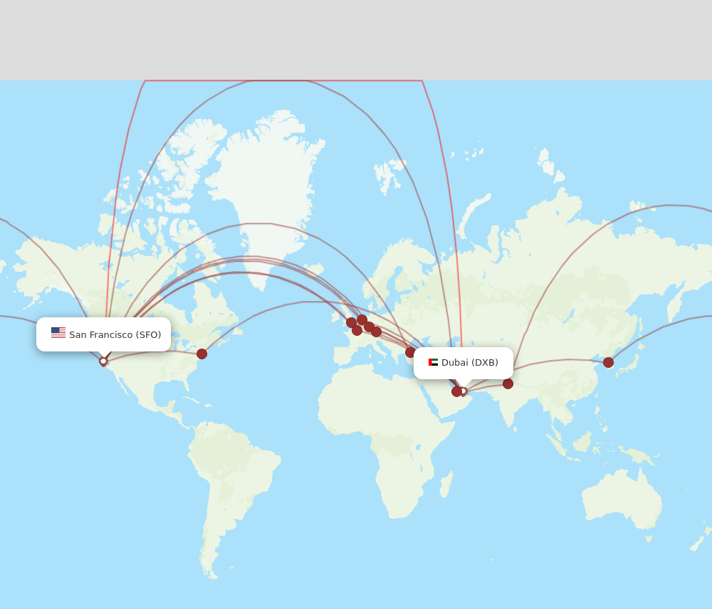 DXB to SFO flights and routes map