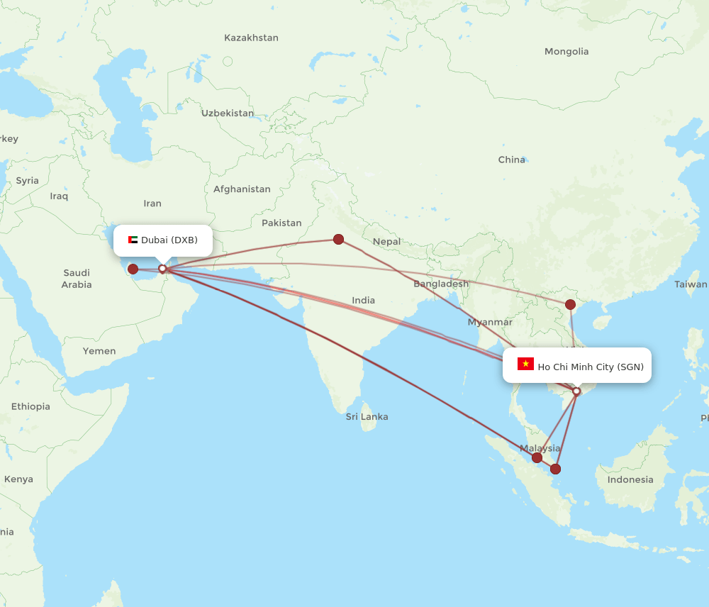 DXB to SGN flights and routes map