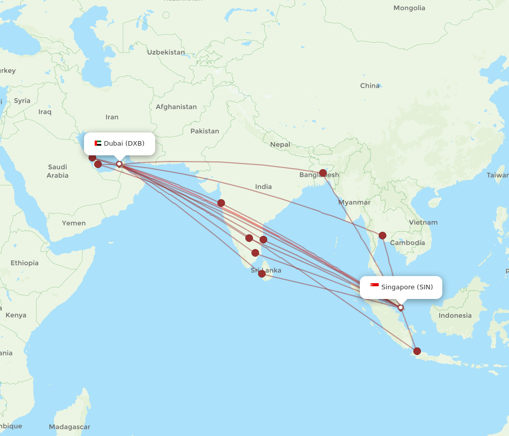 DXB to SIN flights and routes map