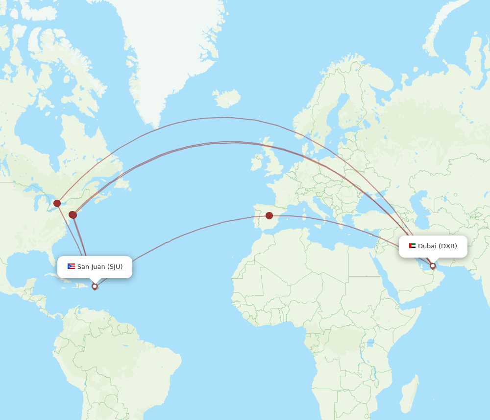 DXB to SJU flights and routes map