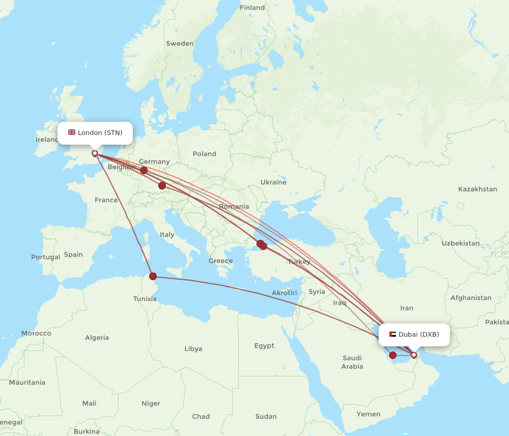DXB to STN flights and routes map