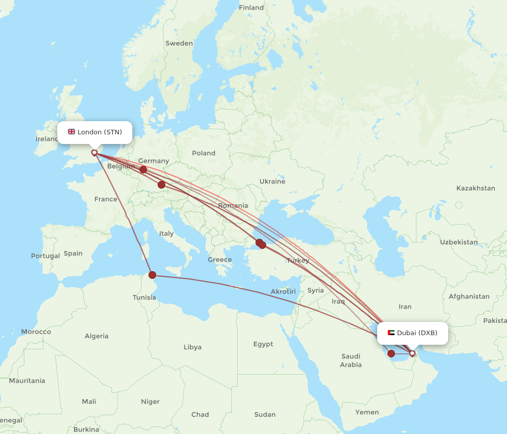DXB-STN flight routes