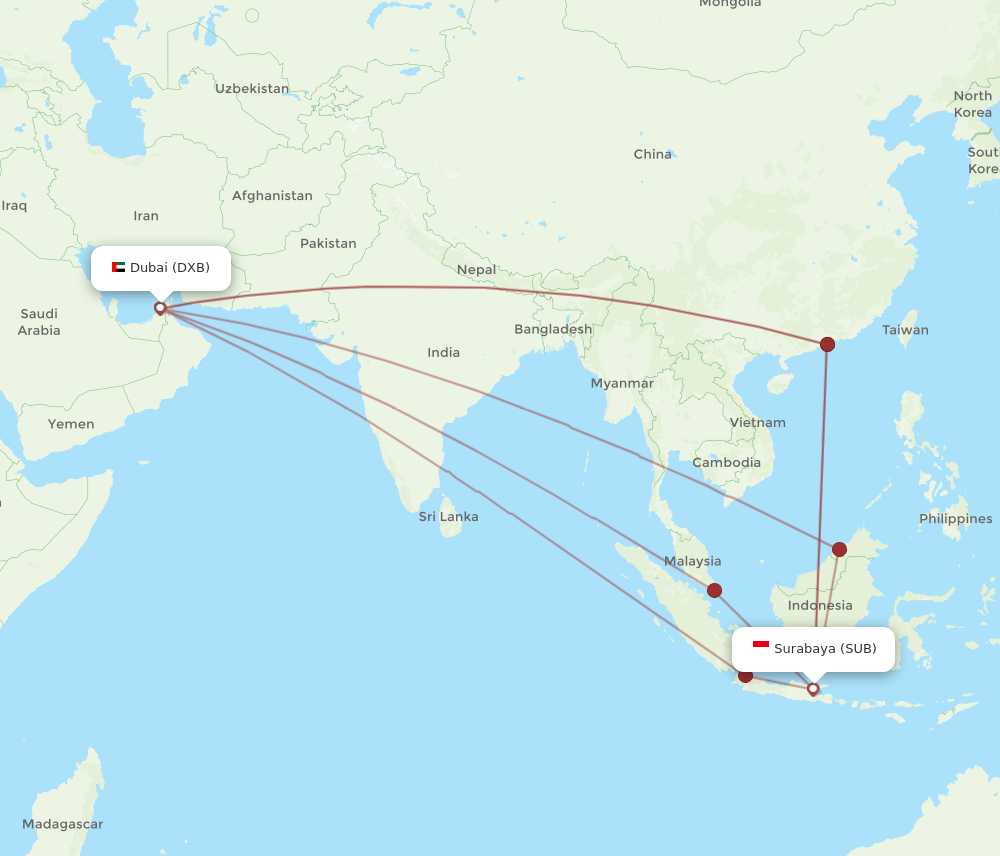 DXB to SUB flights and routes map