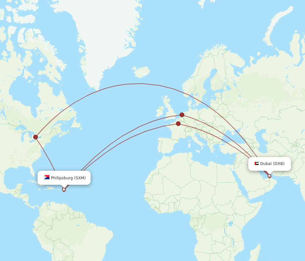 DXB to SXM flights and routes map