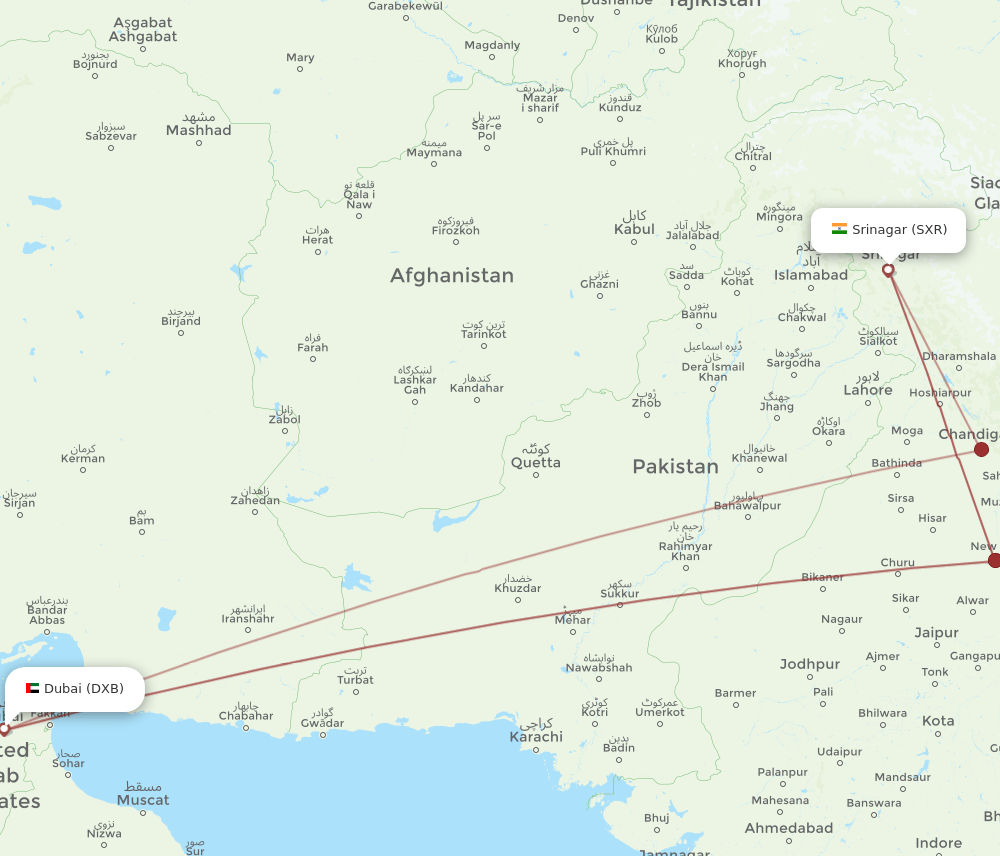 DXB to SXR flights and routes map