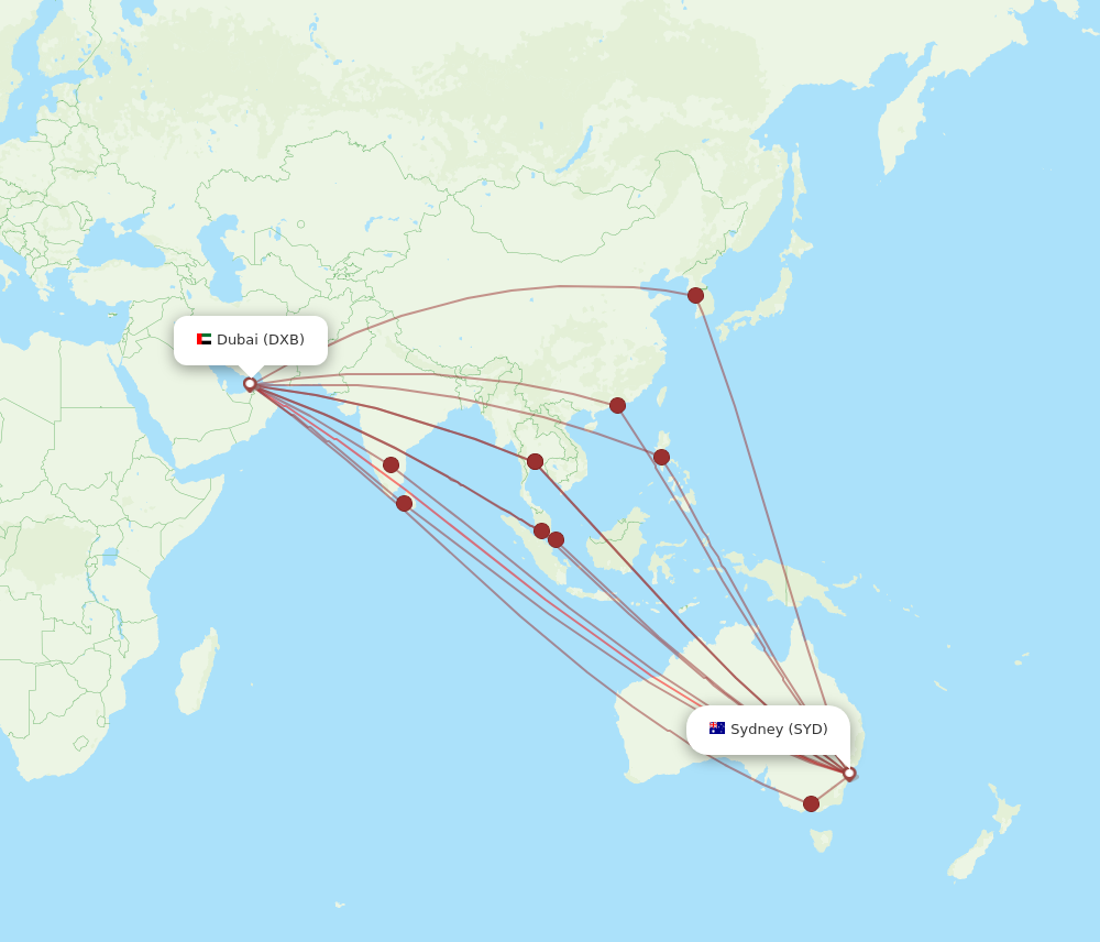 DXB to SYD flights and routes map