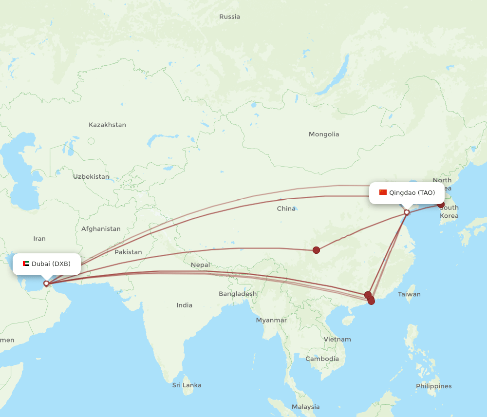 DXB to TAO flights and routes map