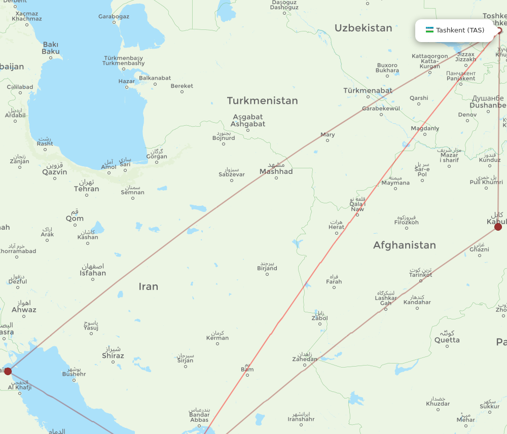 DXB to TAS flights and routes map