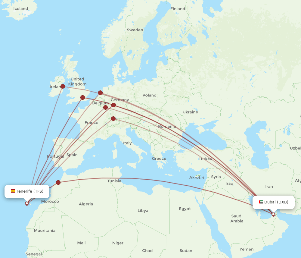 DXB to TFS flights and routes map