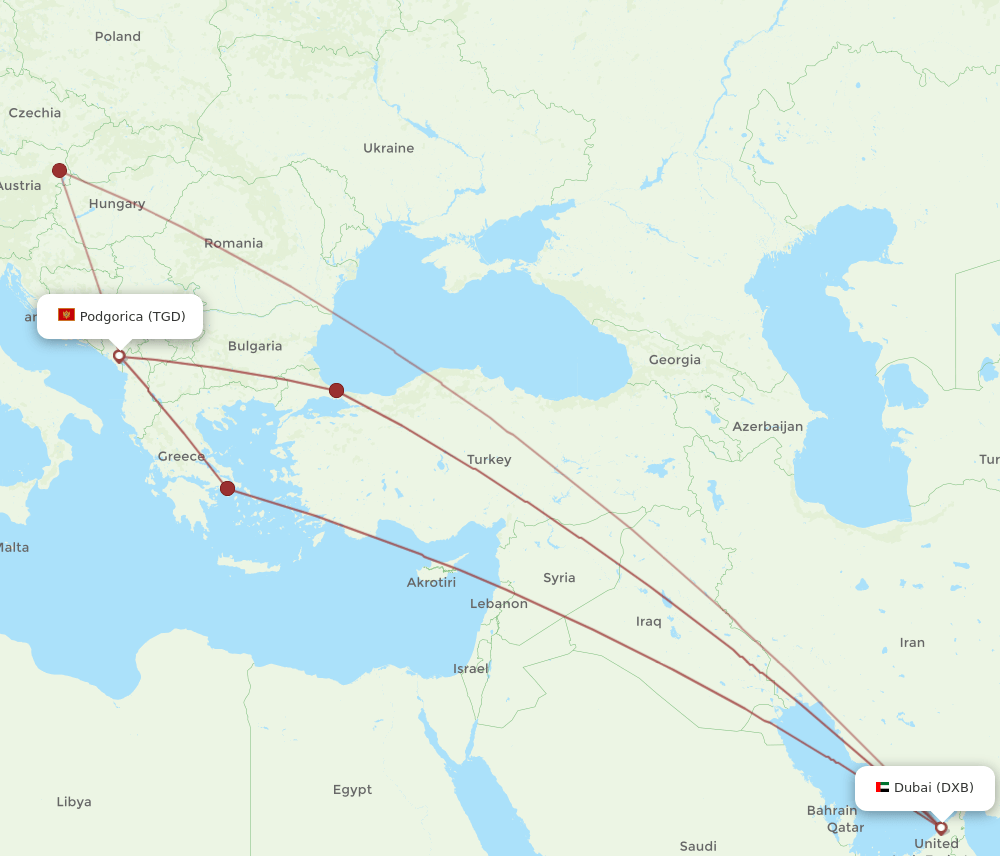 DXB to TGD flights and routes map