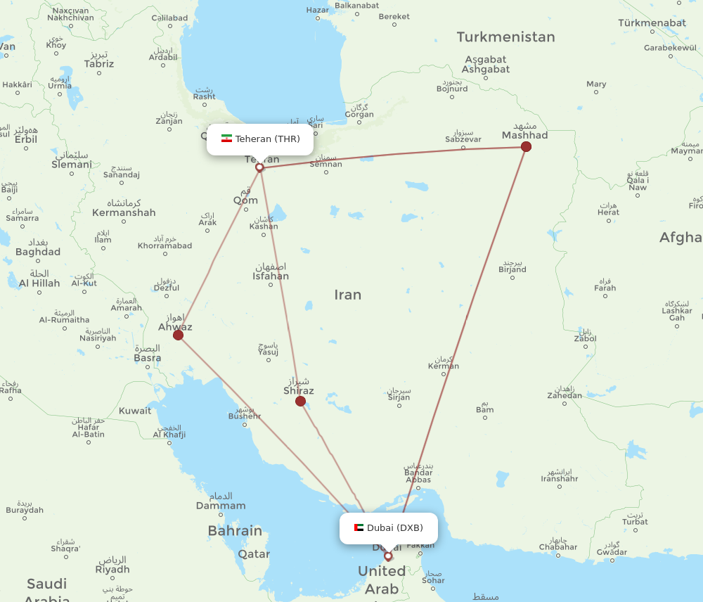 DXB to THR flights and routes map