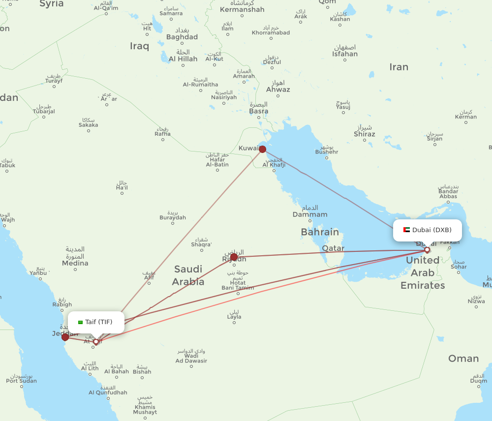 DXB to TIF flights and routes map