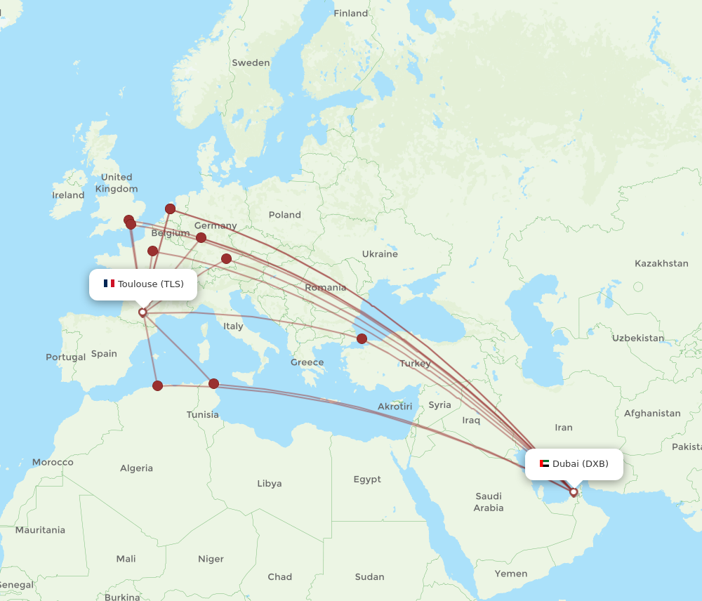 DXB to TLS flights and routes map