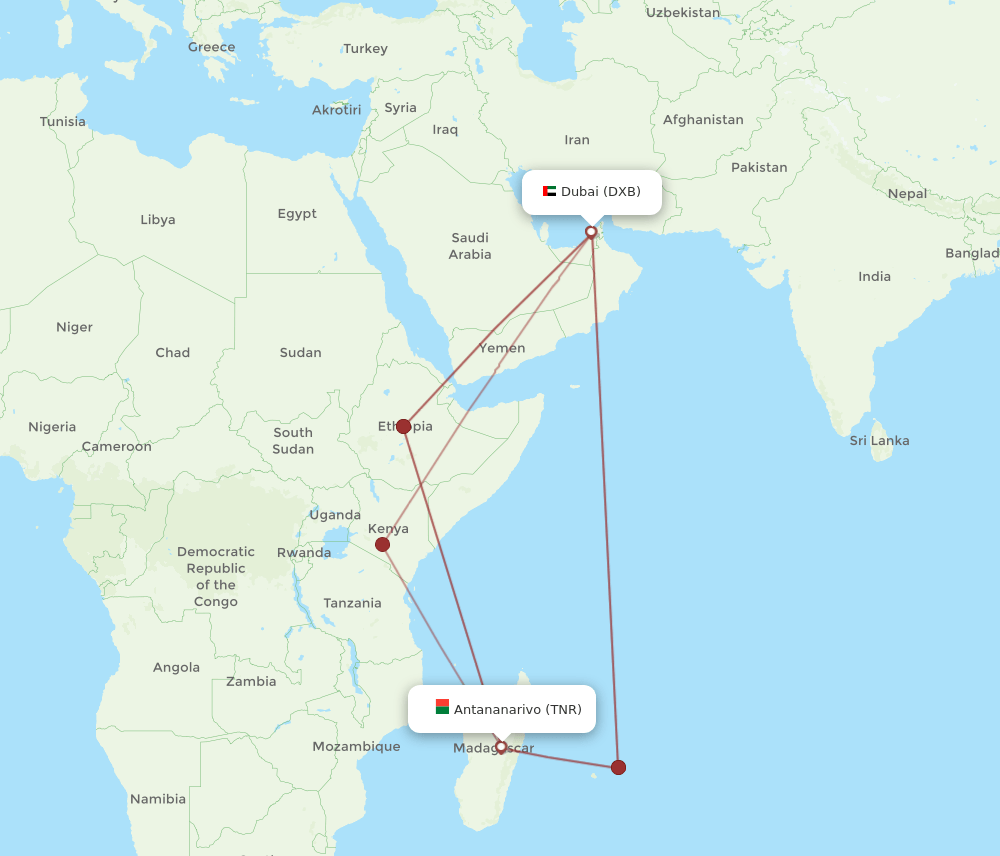 DXB-TNR flight routes