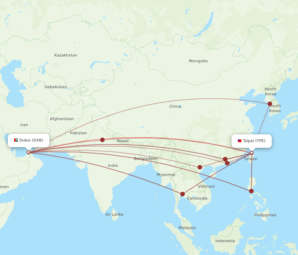 DXB to TPE flights and routes map