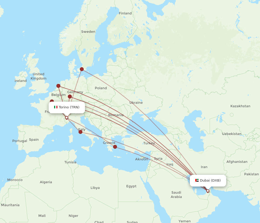 DXB to TRN flights and routes map