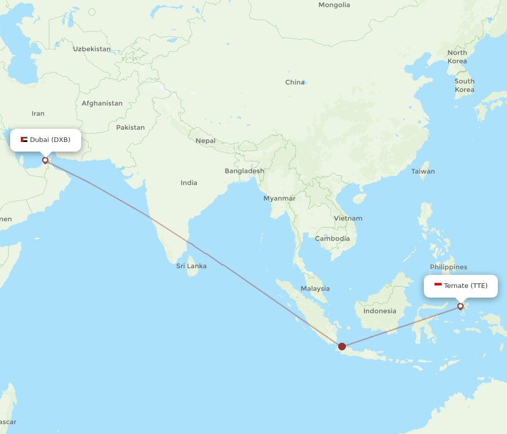 DXB to TTE flights and routes map