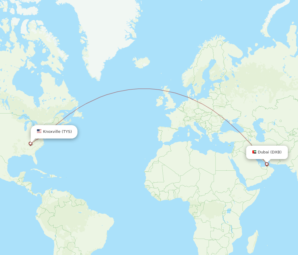 Knoxville - Dubai route map and flight paths
