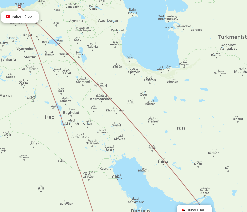 DXB to TZX flights and routes map